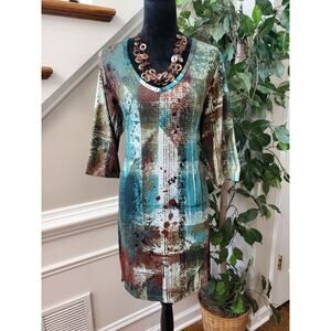 Fresh Basics Women's Multicolor Polyester V-Neck Long Sleeve Knee Length Dress L